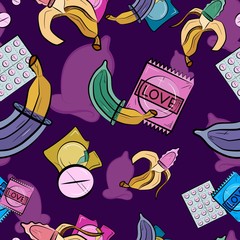 Safe sex Seamless Pattern with condoms. Colorful condom. Banana with condom. Vector illustration. 