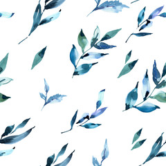 Watercolor deep blue leavex seamless pattern. Natural tropical endless texture