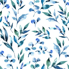Watercolor deep blue leaves seamless pattern. Natural tropical endless texture