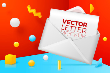 Vector 3d realistic abstract scene with envelope and letter, postcard.  Bright blue, red and yellow background with geometric shapes and border.