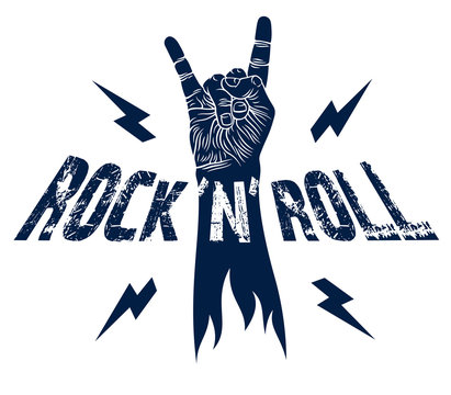 Rock hand sign with lightning bolts, hot music Rock and Roll gesture, Hard Rock festival concert or club, vector label emblem or logo, musical instruments shop or recording studio.