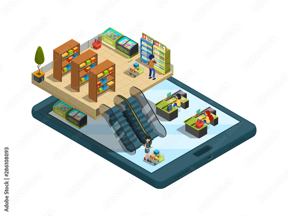 Poster online shopping. 3d concept of virtual web store internet order at smartphone vector isometric illus