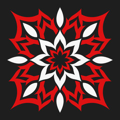 Red and white flower on a black background. Abstract floral decoration for design.