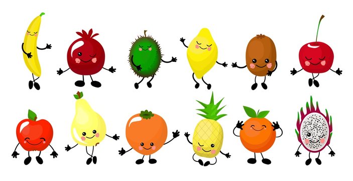 Set of colorful images of cute kawaii fruits - pear, banana, lemon, apple, pineapple, orange, persimmon. Isolated elements on a white background, flat style. Cute characters for kids, vector illustrat