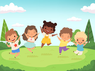 Obraz na płótnie Canvas Happy kids background. Funny childrens playing and jumping laughing teen people vector characters. Happy girl and boy preschool, cartoon childhood illustration