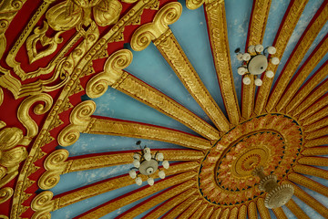 the pattern of traditional carve on ceiling of the church in temple in Thailand