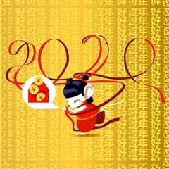 A little mouse on a gold background with a red ribbon speaks of a red New Year's envelope. Happy New Year is written in Chinese. Vector illustration for postcard, brochures, flyers, presentations, log