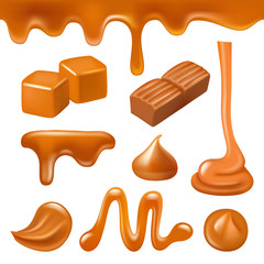 Caramel liquid. Drops and splashes from candy and caramel sweet creamy dessert cooking syrup vector realistic. Illustration of liquid caramel, sweet drip dessert