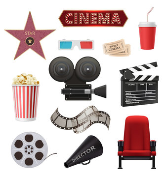 Movie realistic. Cinema objects camera camcorder film tape clapperboard vector collection. Movie cinema, video camera and camcorder, clapperboard and popcorn illustration
