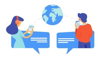 Young people chatting. Vector global information transfer illustration. Boy and girl with smartphone, global chat use phone, speak in social network