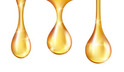 Liquid oil drops. Vector gold oil essence shine droplets isolated on white background. Illustration oil liquid, droplet gold realistic