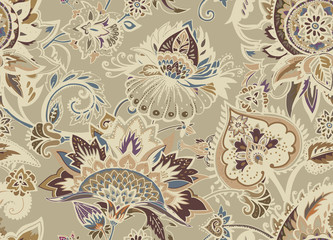 Paisley. Seamless Textile floral pattern with oriental paisley ornament.