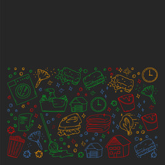 cleaning services company vector monochrome pattern on black background, drawing colorful chalk.