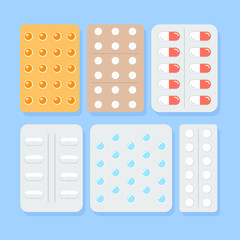 Pills blisters. Cartoon illness capsules vector illustration, aspirin tablet and antibiotic pill, painkiller drugs and paracetamol treatment dosage packages