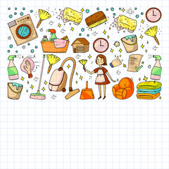 Cleaning services company vector pattern, drawing in squared notebook.