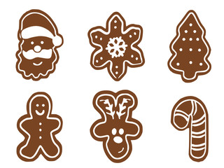 Variety of six Gingerbread Christmas Cookies. Vector of Santa, Star, Christmas Tree, Gingerbread man, Reindeer, Candy Cane. Vector illustration. Baking Christmas vector.