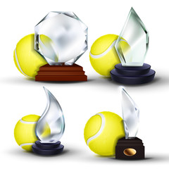 Tennis Game Award Set Vector. Ball, Glass Trophy. Tournament. Design For Sport Promotion. Certificate, Diploma. Event Announcement. Banner Advertising Illustration