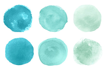 A set of abstract watercolor round brush strokes on white background