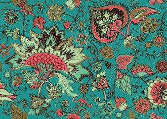 Paisley. Seamless Textile floral pattern with oriental paisley ornament.