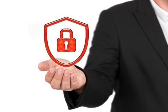 Businessman touching on shield protect icon - Protection network security computer and safe your data concept - business, technology and internet concept