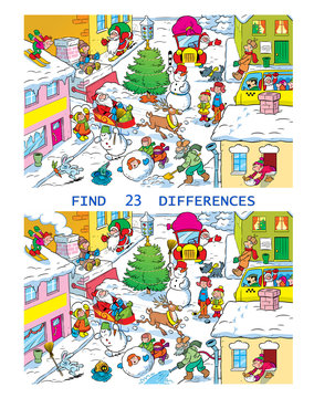 Vector puzzle with a city street before Christmas. In the illustration, you need to find 23 differences in the pictures with the characters on New Year's Day.