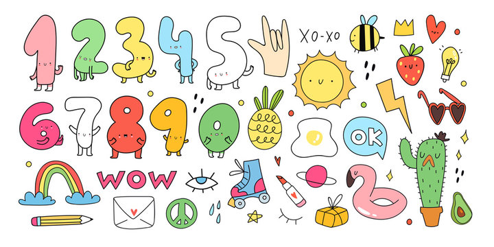 Hand drawn cute numbers with face emotions and different objects. Colorful big vector set for kids. Educational illustration. Doodle icons. Bright colors. All elements are isolated