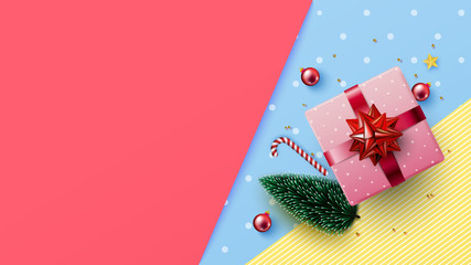 Happy Christmas and happy new year background with pink gift box, Xmas bauble,pine tree branch on colorful pastel backdrop with copy-space for your product. Vector illustration