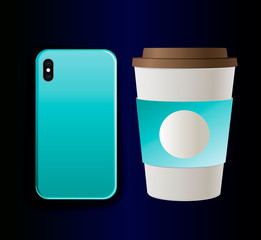 Vector collection - mock up smartphone case and cardboard coffee cup. Trend Goal Metallic Gradient Print Design Mock Up Branding