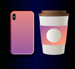 Vector collection - mock up smartphone case and cardboard coffee cup. Trend pink purple gradient print design mok up branding