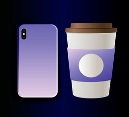 Vector collection - mock up smartphone case and cardboard coffee cup. Trend violet-white gradient print design mock up branding