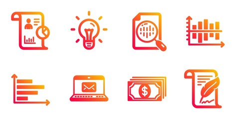 E-mail, Payment and Analytics chart line icons set. Horizontal chart, Idea and Report signs. Feather symbol. New message, Finance. Education set. Gradient e-mail icons set. Vector