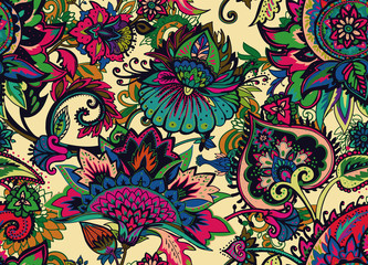 Paisley. Seamless Textile floral pattern with oriental paisley ornament.