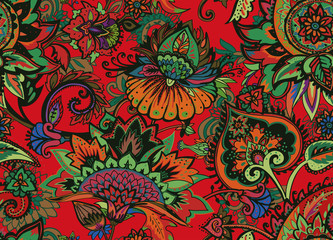Paisley. Seamless Textile floral pattern with oriental paisley ornament.