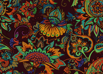 Paisley. Seamless Textile floral pattern with oriental paisley ornament.