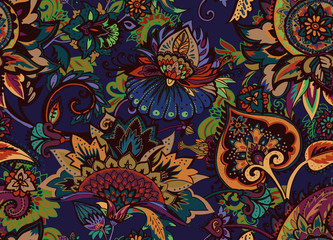 Paisley. Seamless Textile floral pattern with oriental paisley ornament.