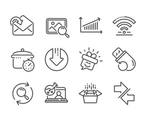 Set of Technology icons, such as Online chemistry, Packing boxes, Wifi, Receive mail, Boiling pan, Search, Synchronize, Smile, Chart, Download arrow, Flash memory, Search photo line icons. Vector
