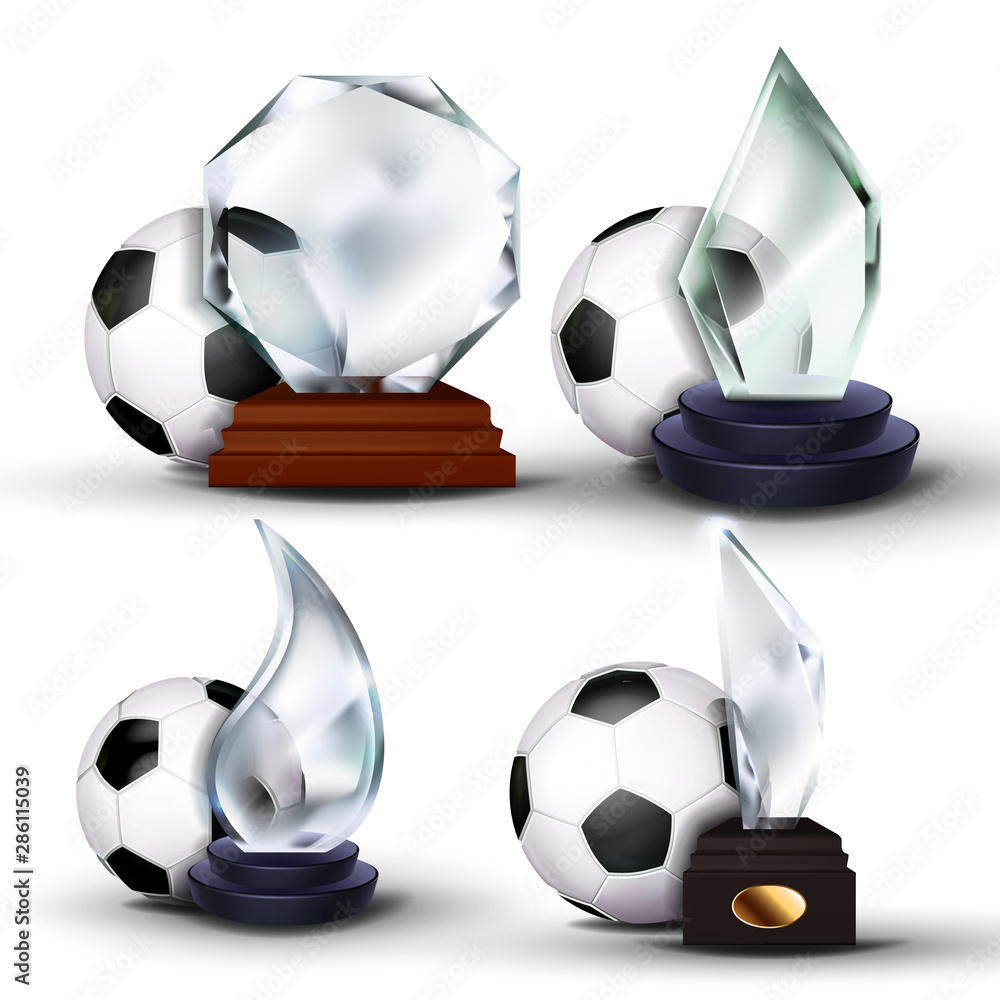 Poster Soccer Game Award Set Vector. Football Ball, Glass Trophy. Tournament. Design For Sport Promotion. Sport Event Announcement. Illustration