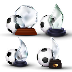 Soccer Game Award Set Vector. Football Ball, Glass Trophy. Tournament. Design For Sport Promotion. Sport Event Announcement. Illustration