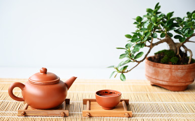 set Japanese and Chinese tea on table Copy space