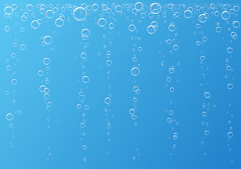 Naklejka na ściany i meble Vector fizzing air bubbles going up on blue background. Underwater oxygen texture. Macro object.