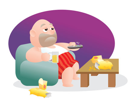 Vector illustration of bald fat man stuck on sofa or watching TV with potato chip and beer.Concept of lost job or unhappy man.middle age crisis. Sadness, job lost, breaking relationship concept.