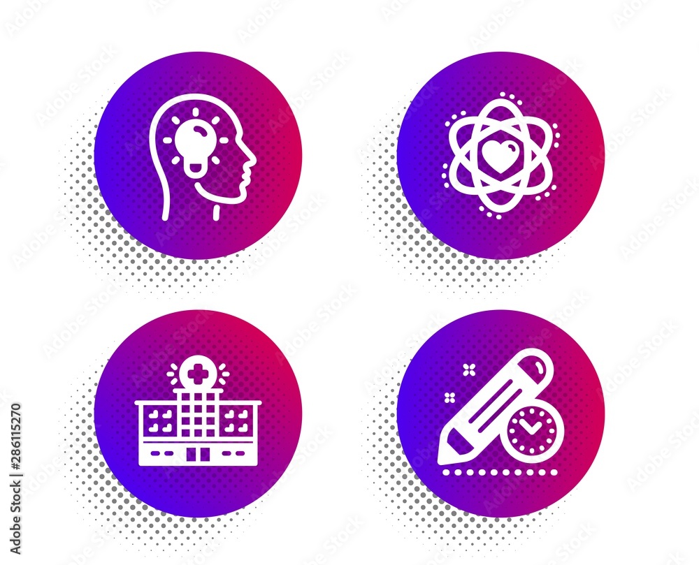 Poster atom, idea head and hospital building icons simple set. halftone dots button. project deadline sign.