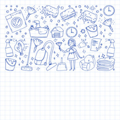 cleaning services company vector monochrome pattern on background, drawing blue pen .