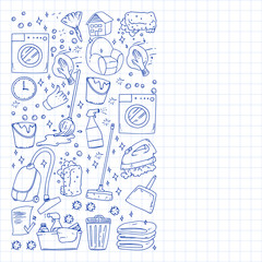 cleaning services company vector monochrome pattern on background, drawing blue pen .