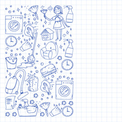 cleaning services company vector monochrome pattern on background, drawing blue pen .