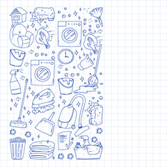 cleaning services company vector monochrome pattern on background, drawing blue pen .
