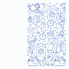 cleaning services company vector monochrome pattern on background, drawing blue pen .