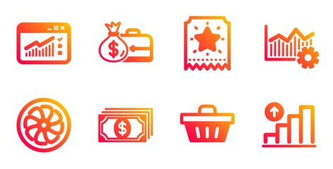 Salary, Web traffic and Shopping basket line icons set. Operational excellence, Loyalty ticket and Fan engine signs. Payment, Graph chart symbols. Diplomat with money bag, Website window. Vector