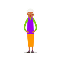 Happy african old woman. Cute grandmother standing and smiling. Traditional retirement lifestyle. Older black lady retired. Cartoon illustration isolated on white background in flat style