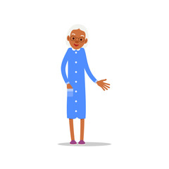 Happy african old woman. Cute grandmother standing and smiling. Traditional retirement lifestyle. Older black lady retired. Cartoon illustration isolated on white background in flat style